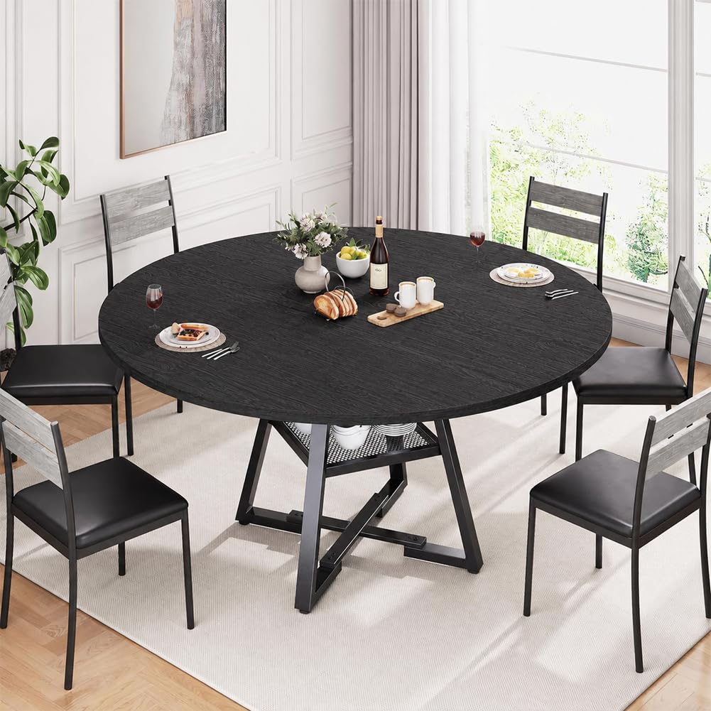 Shally Dogan Tavolo Rotondo per Sala da Pranzo e Cucina Diametro 120cm, Gambe in Metallo con Ripiano Portaoggetti Inferiore e Piano in Legno, Ideale per Casa e Ufficio (Nero)