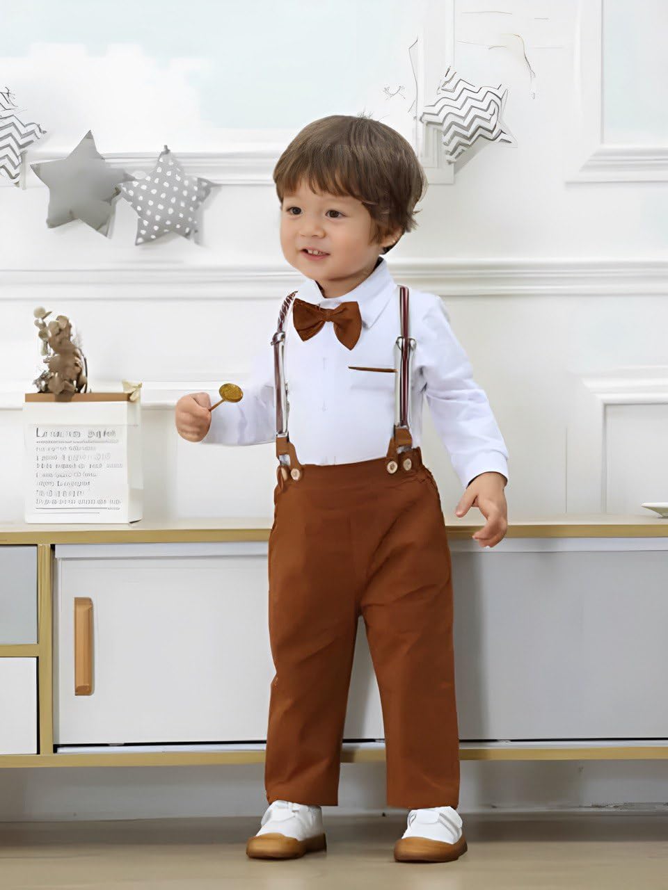 ERITIN Baby Boy Clothes Gentleman Outfits Suits Summer Short Sleeve Bowtie Bodysuit (Shirts,Suspender Shorts, Beret Hat) (Baby, WHITE, 2 YEAR) 1