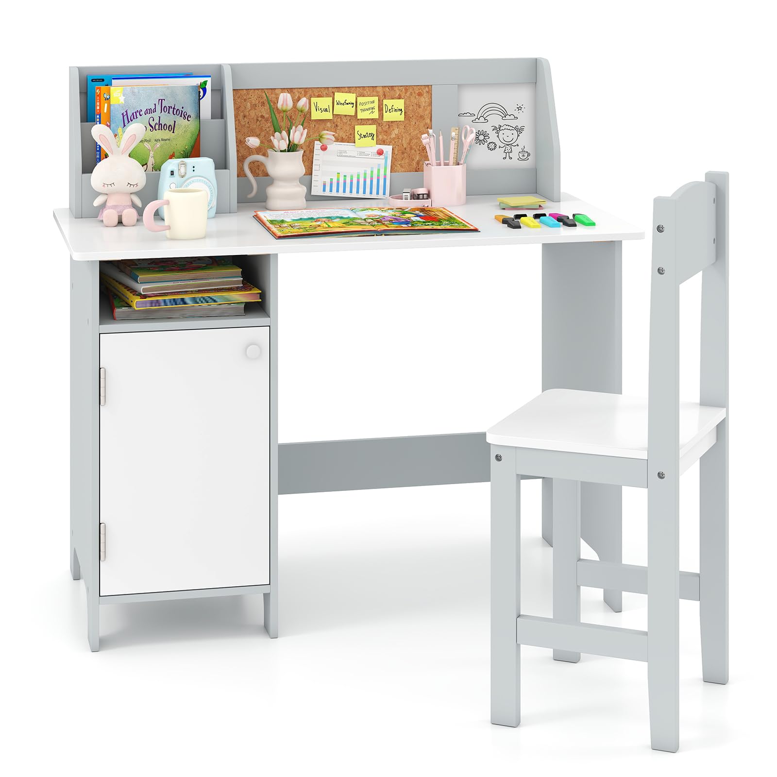 COSTWAY Kids Desk and Chair Set, Wooden Children Study Table with Storage Cabinet, Cork Board, School Students Workstation for Studying, Reading and Drawing (Grey+White)