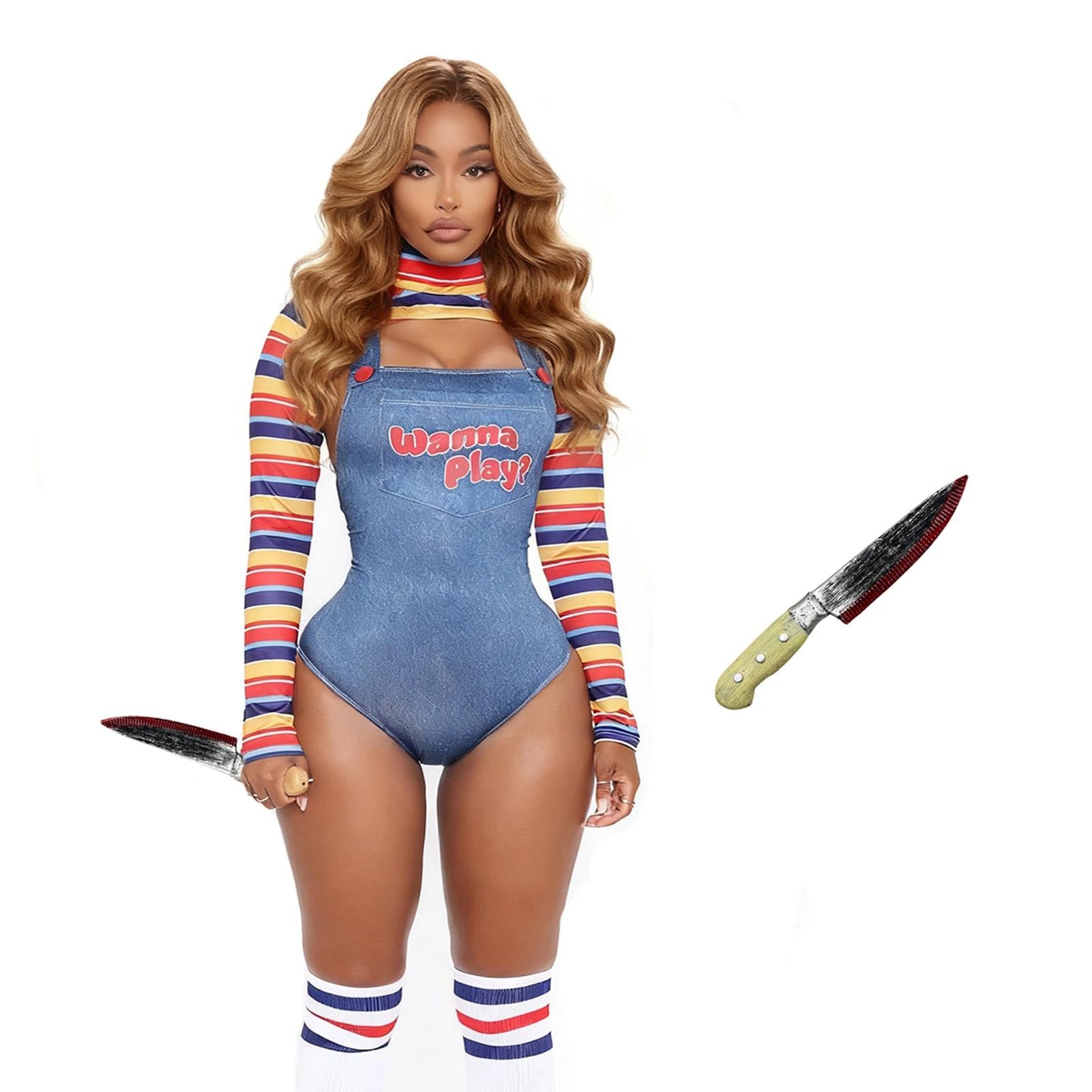 Aleshime Chucky Costume Women Halloween Fancy Dress, Ladies Scary Nightmare Killer Doll Wanna Play Movie Character Bodysuit Chucky Doll Cosplay Costume Set (Blue A, L)