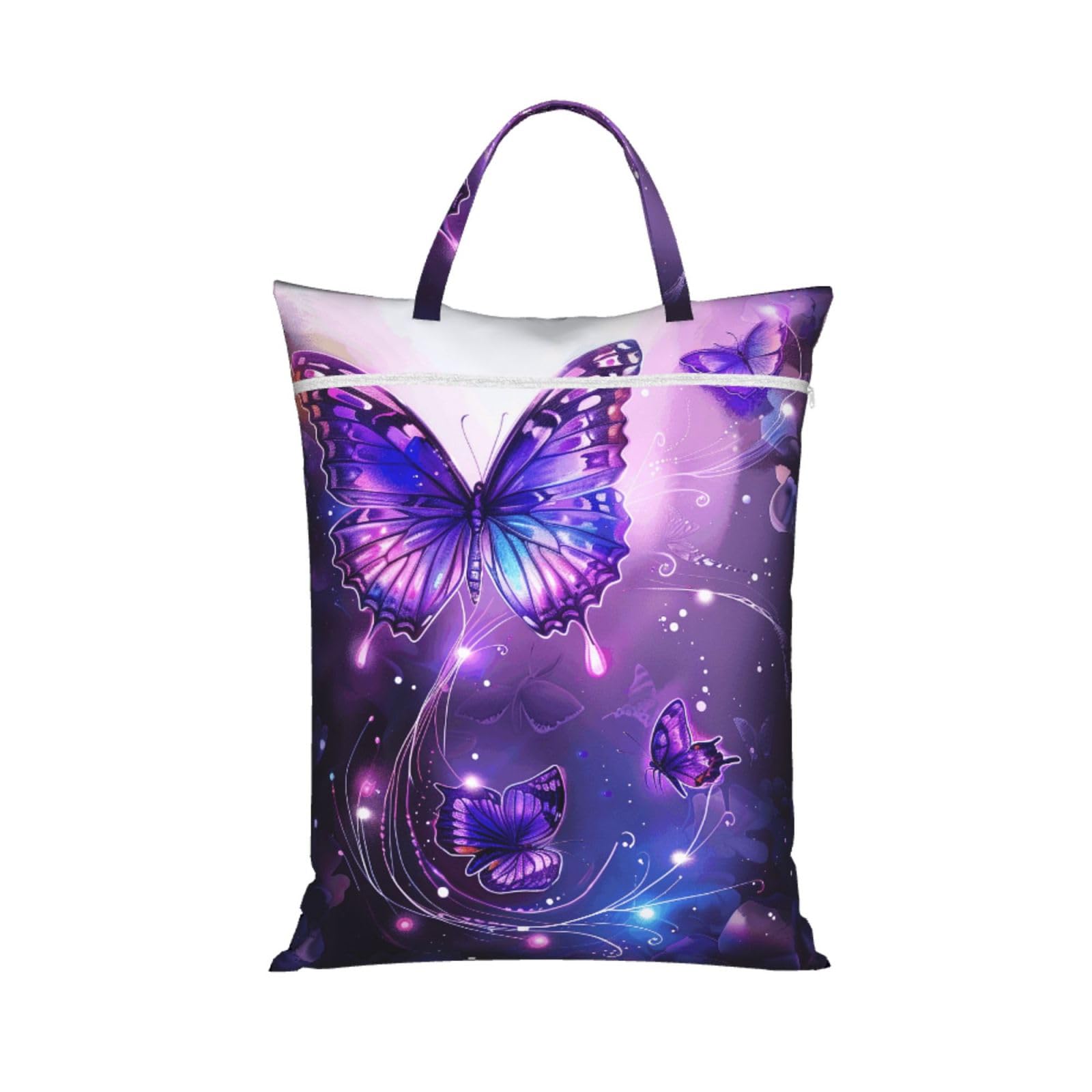 Large Travel Laundry Bags,Purple butterflies Print with Handle Foldable Laundry Bag for Holidays Gym Swimming and Family Trips, 1Pcs