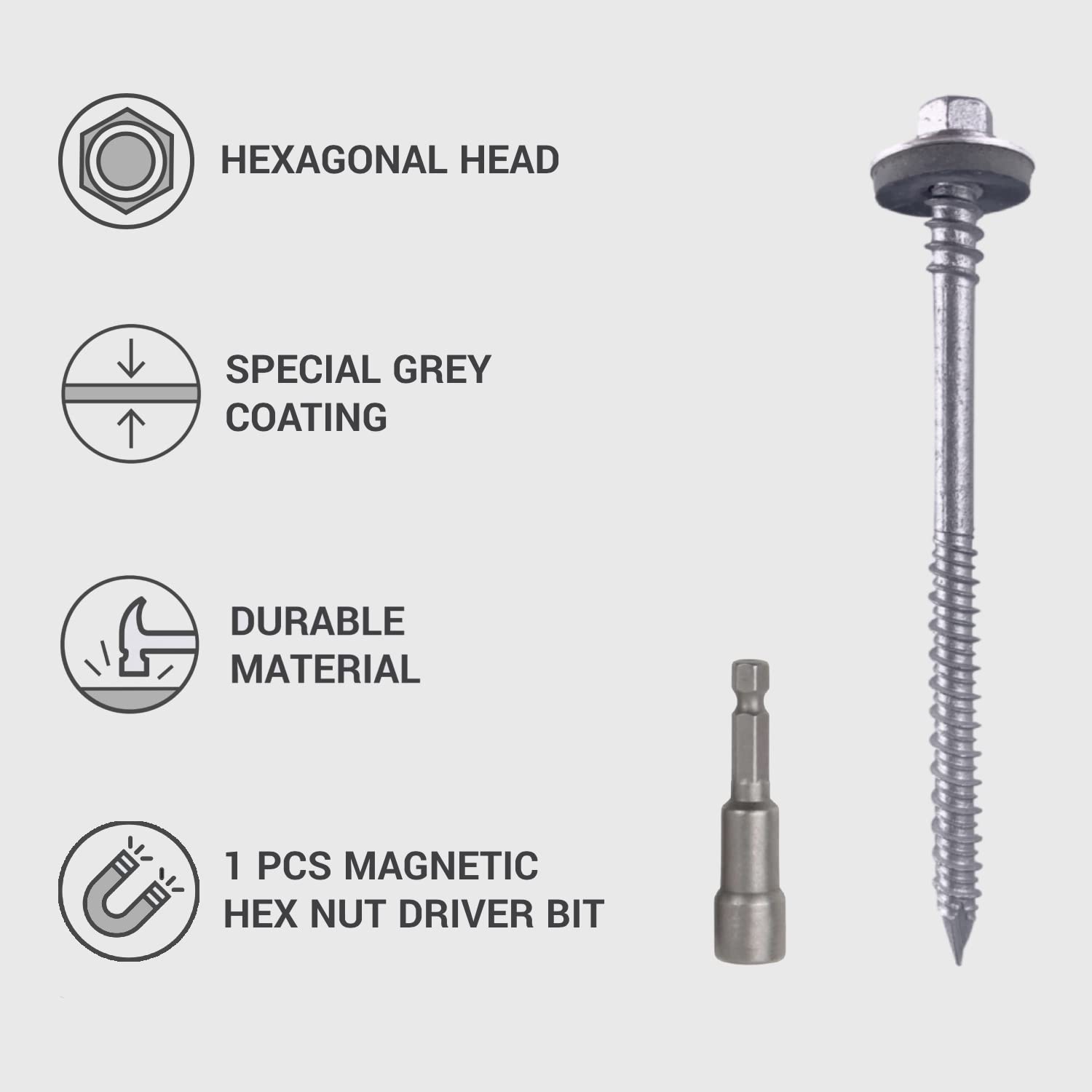 Marcopol Lot de 60 vis à tête hexagonale autotaraudeuses 6,4 x 140 mm en acier au carbone avec rondelles EPDM pour la fixation de panneaux à sandwich (60, 6,4 x 140 mm) gris