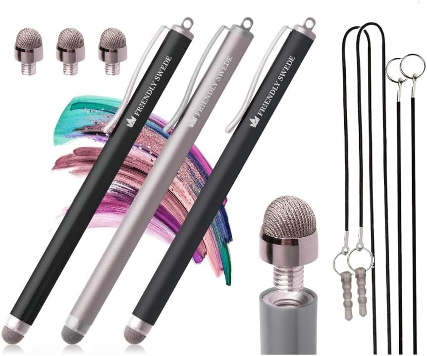 The Friendly Swede Stylus Pen Replaceable Micro-Knit Mesh Tip - Capacitive Touchscreen Stylus, Tablet Styli with Lanyards, Screen Cleaning Cloth Tips (3 Pack)