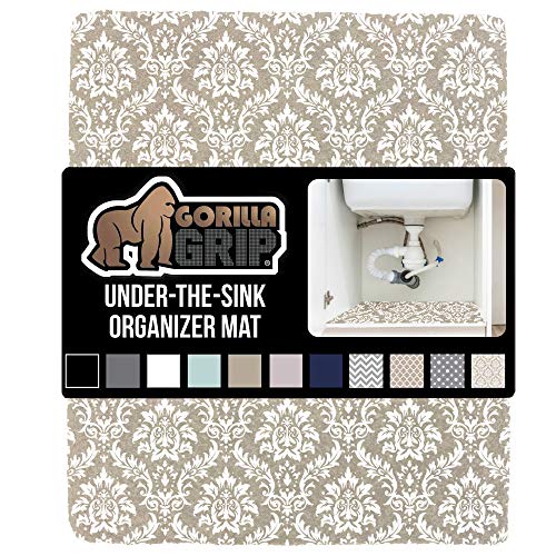 Gorilla Grip Reusable Waterproof Under Sink Mat Liner, Slip Resistant, Non-Adhesive, Absorbent Mats for Below Sinks, Durable Shelf Liners Protect Cabinets, Machine Washable, 24x30, Damask Taupe Cream