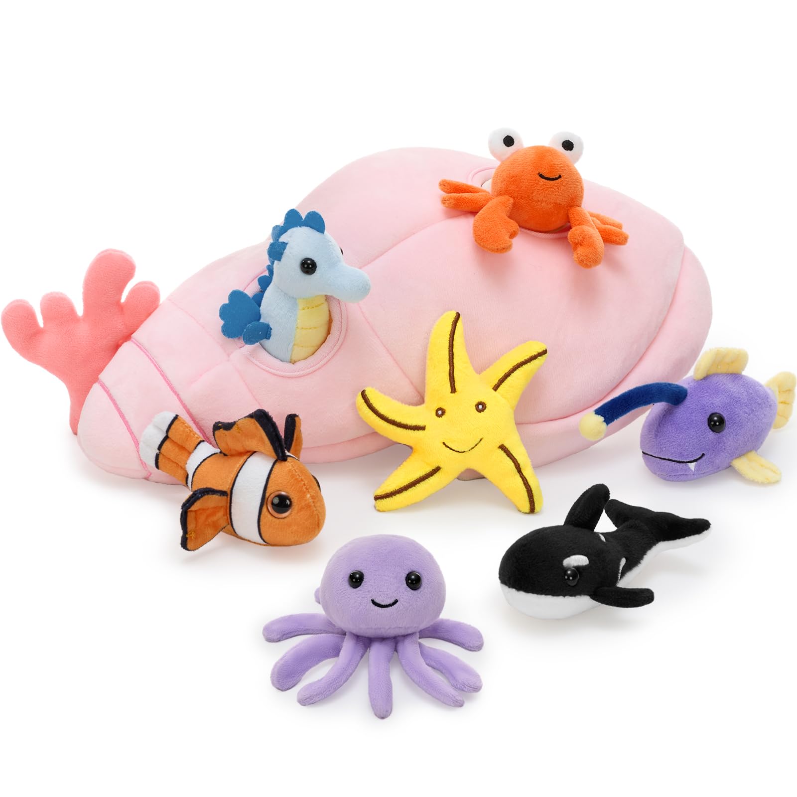 MorisMos 9pcs Conch Shell Teddy Soft Toy Set, 32cm with 8 Sea Creatures Inside, Soft Ocean Plush Toys, Hide and Seek Interactive Playset for Kids Birthday Deco — image 1