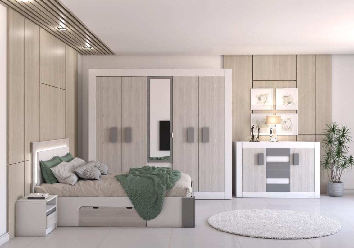 Fabryka Mebli Idźczak Schlafzimmer-Set Komplett - Helios III 230 Bettgestell - Kleiderschrank mit Spiegel, Kommode, Nachttisch - Innovativ, Stilvoll, Modern - Weiß/Kathult+Grau