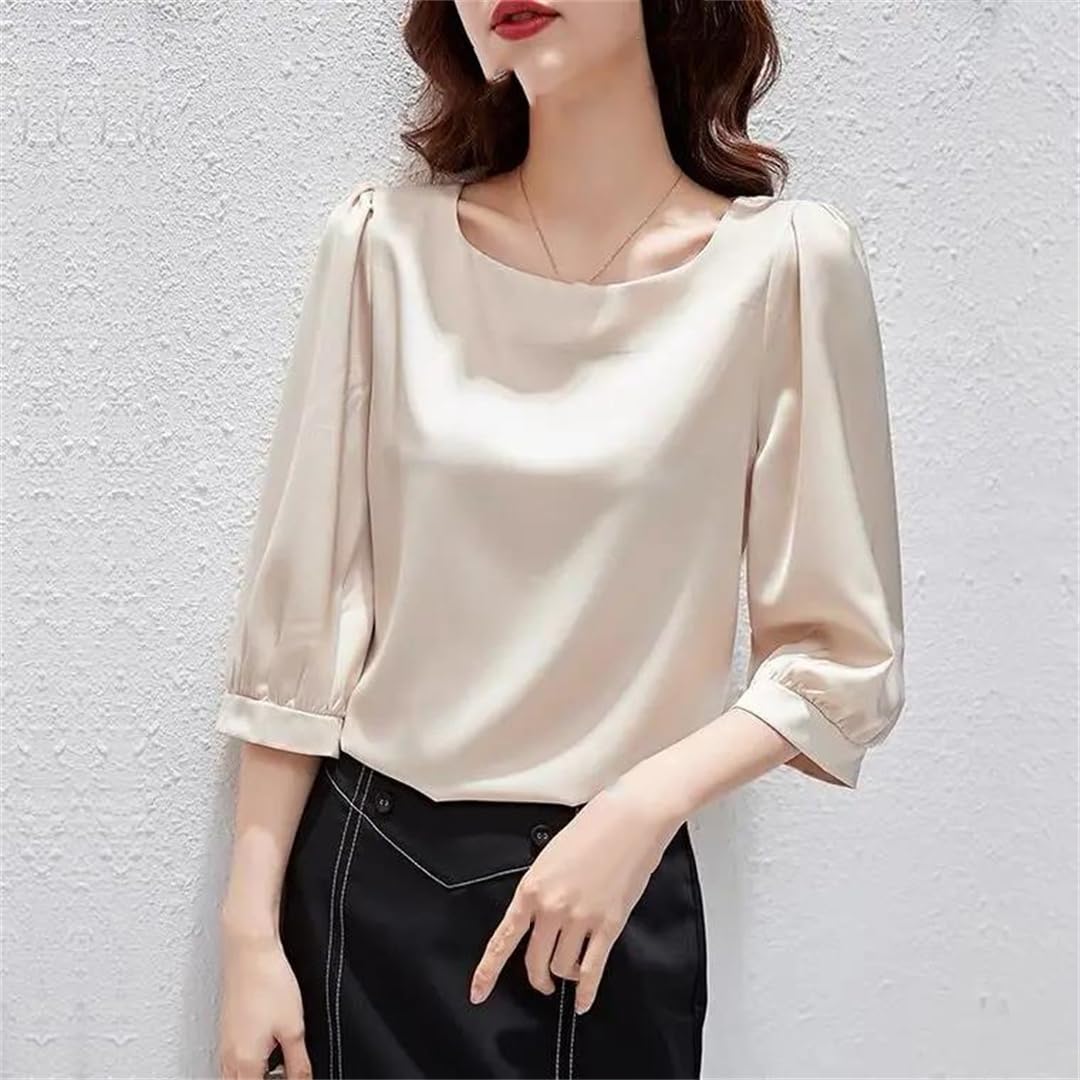 Yeuyyben Donne Elegante Raso Tre Quarti Manica Camicette Vintage Ice Silk Camicia Donna Casual Allentato Lanterna Manica Top