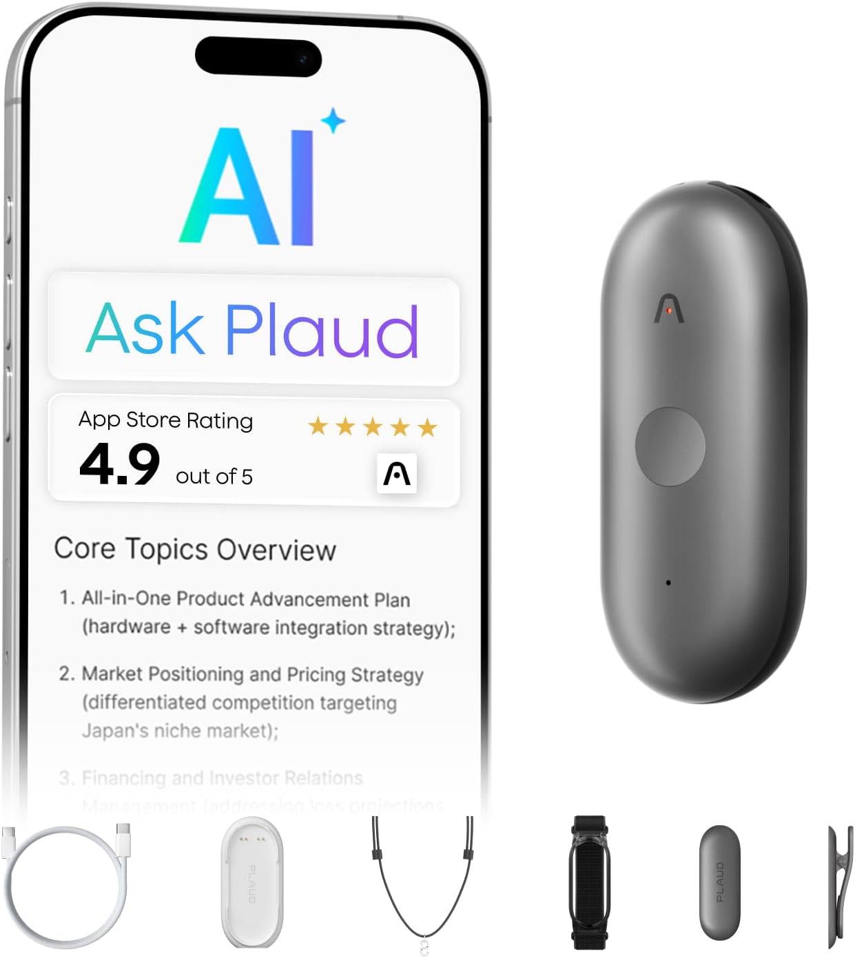 AI Voice Recorder, PLAUD NotePIN Voice Recorder, App Control, Transcribe & Summarize Empowered by ChatGPT, Support 59 Languages, 64GB Memory, Gray