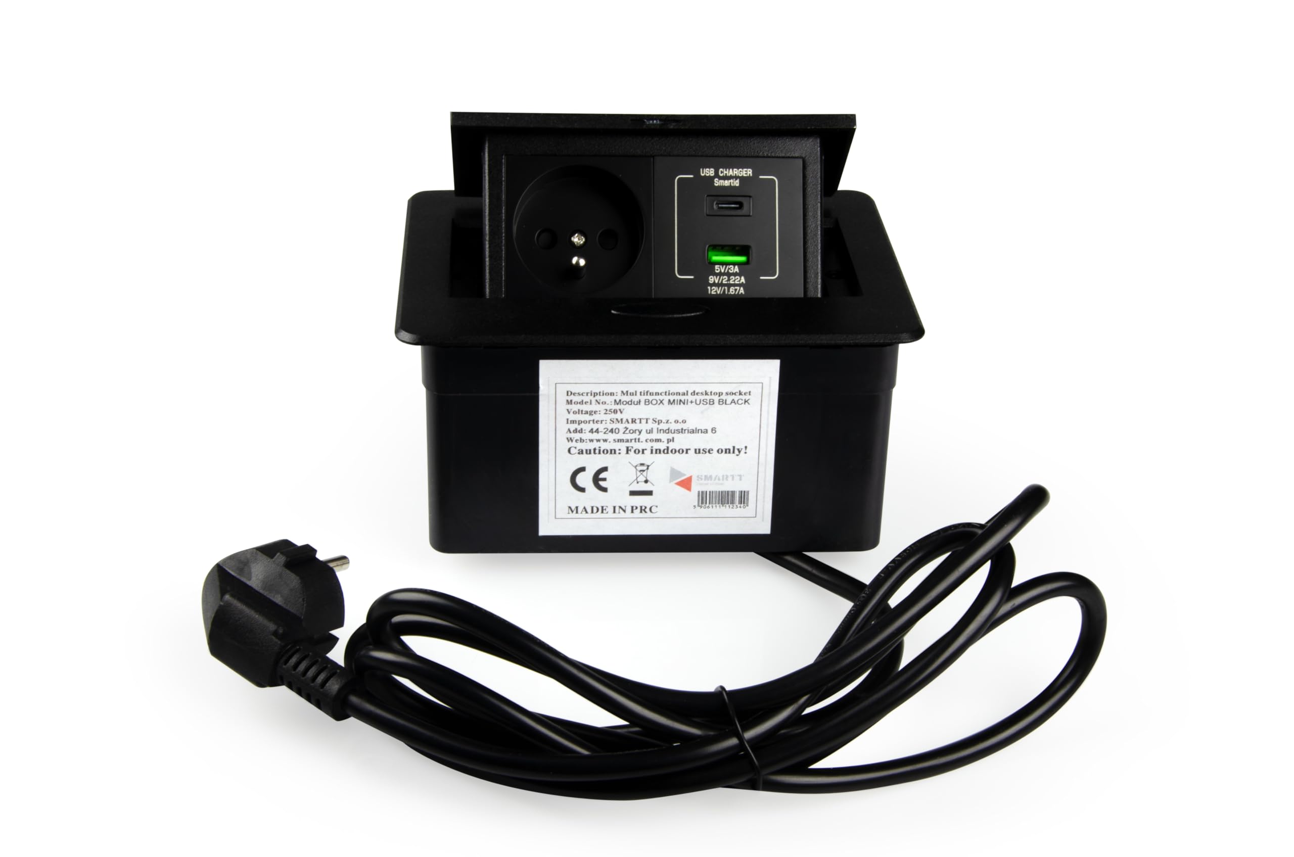 Einbausteckdose Schwarz Matt mit USB C & A – Versenkbare Tischsteckdose für Küche & Büro – 1-Fach Schuko Steckdosenleiste mit 1,8m Kabel & Stecker – Flaches Design, Aluminium – MB MINI II