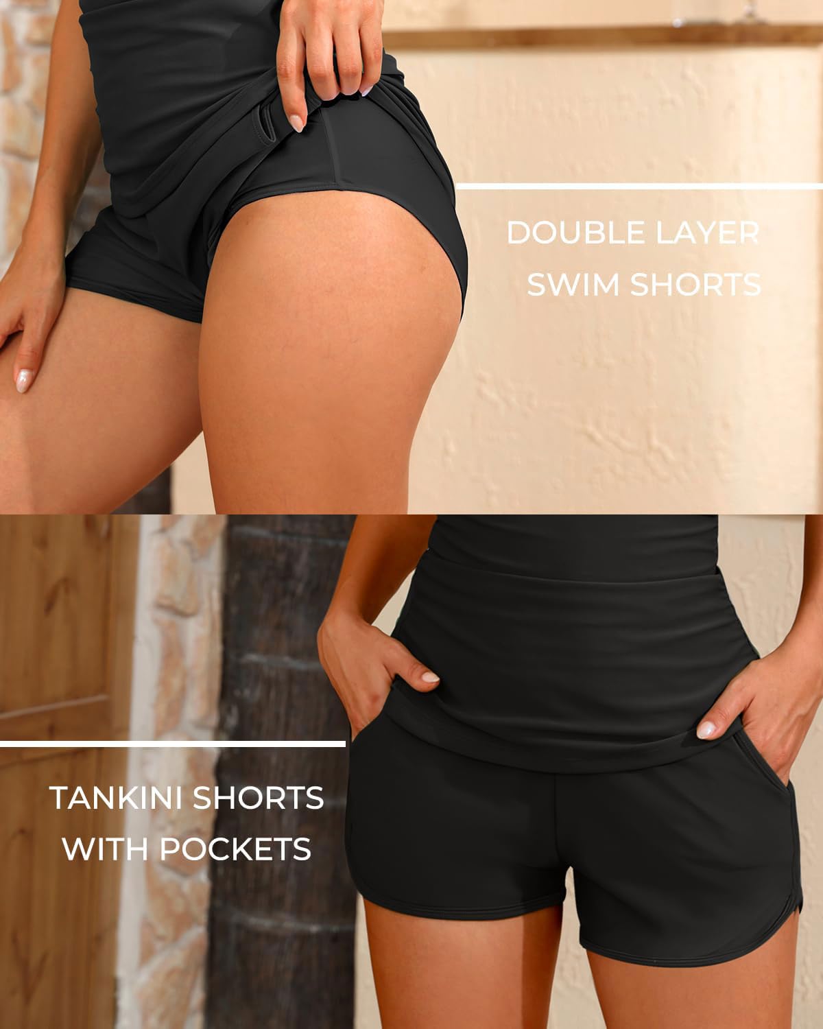 CheChury Femmes 2 Pièces Maillot de Bain Tankini Shorty avec Poches Elégante Col en V Top Bikini Maillot de Plage Taille Haute Amincissant Tankini