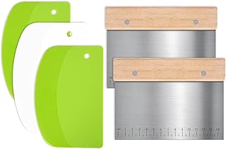 5 Pcs Bench Scraper, Bench Scraper Kitchen 2 Pcs Stainless Steel Dough Scraper with Wood Handle and 3 Pcs PP Food Scraper with Hanging Hole, Multipurpose Bread Dough Cutter for Baking-Green