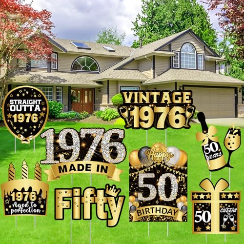 cocomigo 8pcs Black Gold 50th Birthday Yard Signs 50th Birthday Decorations for Her Him Lawn Signs with Stakes Made in 1976 Outdoor Lawn Sign Party Yard Decorations for Men Women Party Supplies
