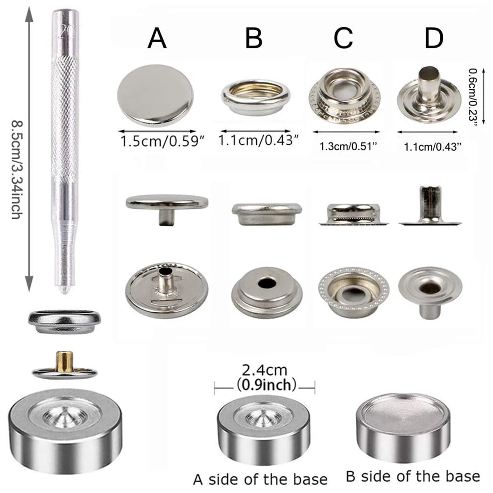 Zapięcia zatrzaskowe, Zestaw 50 zestawów metalowych zatrzasków Zatrzask 15 mm do odzieży z płócienną torbą na łódź(Black)