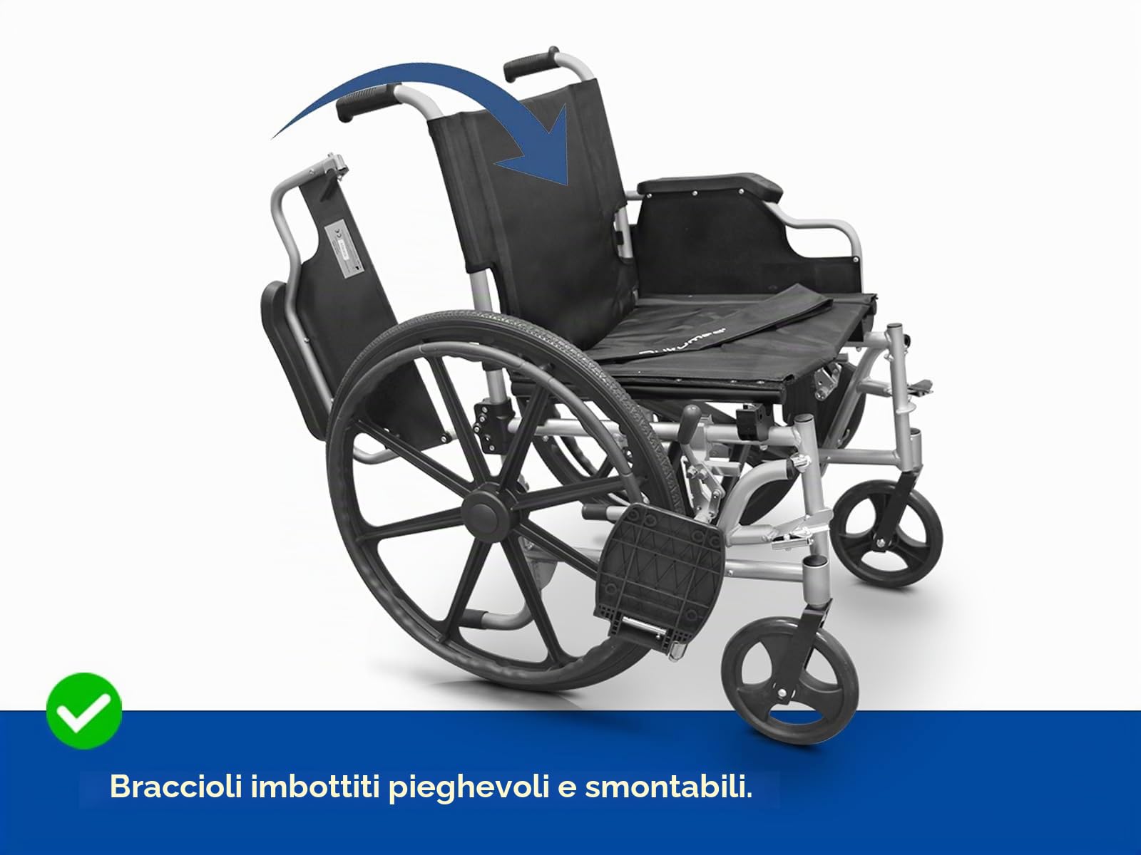 QUIRUMED Sedia a rotelle in alluminio, Pieghevole, Seduta 48 cm, Braccioli pieghevoli e rimovibili, Poggiapiedi pieghevoli, Freni a mano