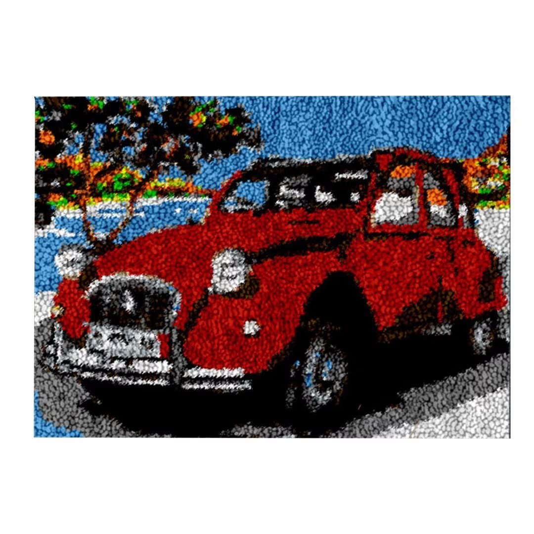 ROCKY&CHAO Myriad Choices Latch Hook Rug Making Kit for Kids & Adults - DIY Cross Stitch & Crochet Carpet Making - Embroidery Needlework Crafts for Home Decor - 50x38cm Red Car