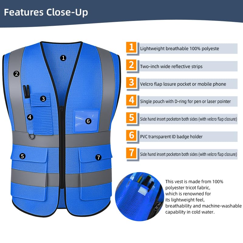 Image of High Visibility Safety Vest with Reflective Strips & Pockets | High Visibility | 360 Reflective Strips | 5 Pockets | Zipper Front | Lightweight Polyester | ANSI /ISEA 107 Class 2 Type R