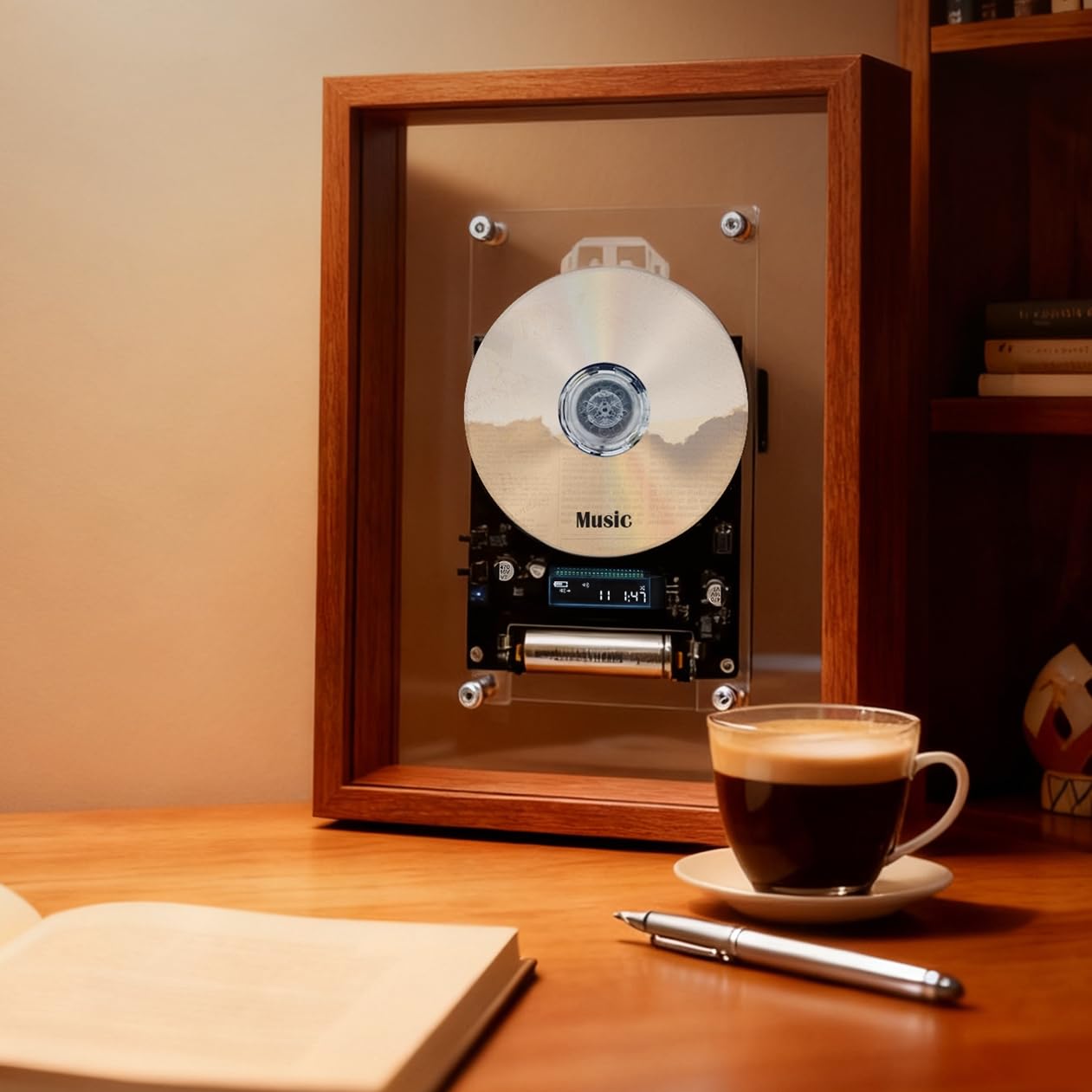 Decorative Wood Grain Frame CD Player, Retro & Fashionable Style with BT Pairing, 4-Hour Battery Wall/Tabletop Dual Use, for Birthday Christmas