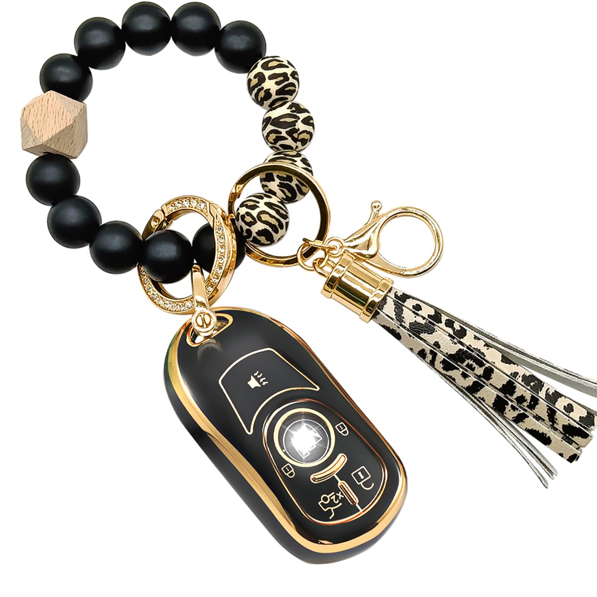 for Tesla Key Fob Cover,Black Leopard Beaded Key Holder Fits for Buick Encore Enclave Envision Silicone Portable Car Keys Tassel Accessories