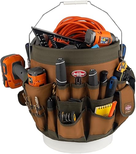 Miniatura 3 de BucketBoss 10056 Bucket Boss - Organizador de herramientas de lona de 5 galones con 56 bolsillos para organización de cubos en marrón y verde y