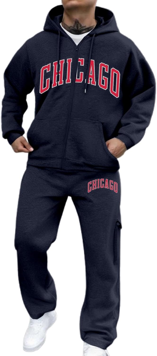 Generisch Joggingpak voor heren, trainingspak, vrijetijdspak, capuchontrui joggingbroek, ritssluiting, effen, tracksuit met letterprint, Y2K, zakken met capuchon, streetwear, ademende pasvorm, A7