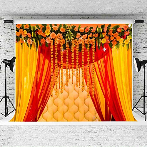 Image of EOA 7(W) x5(H) FT Orange Marigold India Wedding Photography Backdrop Marriage Red Curtain Background Ceremony Wall Decor Photo Booth Studio Props