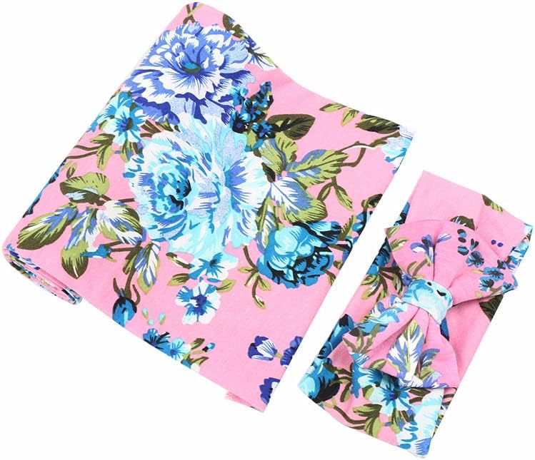 Galabloomer Baby Girl Newborn Receiving Blanket with Headband Set Baby Swaddle Nursery Swaddle Wrap with Card (Pink Rose)