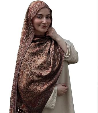 Womens Pashmina Shawl Hijab,Jacquard Paisley Wrap, Ethnic Vintage Pattern Scarf with Tassels