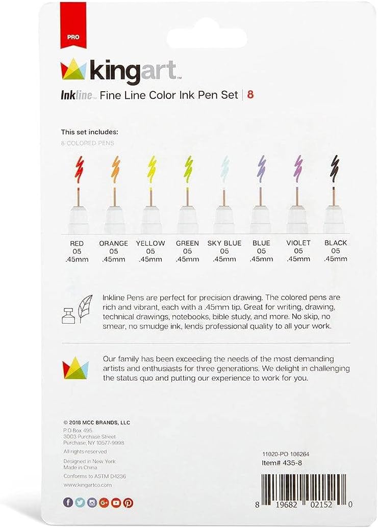 KINGART 435-8 Inkline, Assorted, Set of 8 Fine Line Colour Ink Pen