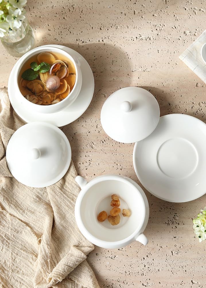 Porcelain Soup Tureen Ceramic Soup Tureen with Lid White Ceramic Round Tureen,for Restaurant Home Kitchen Decoration, Microwave and Dishwasher Safe,B