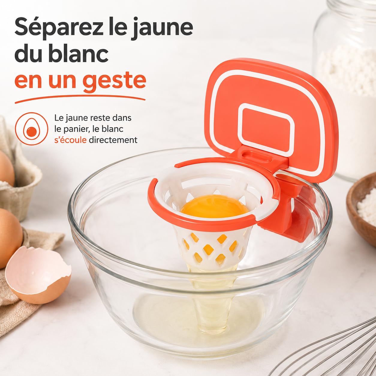 Separateur Oeuf Jaune et Blanc Panier de Basket, séparateur d'œuf,filtre d'œuf Forme de Cadre de Basket-Ball, séparateur d'œuf en Plastique (Orange)