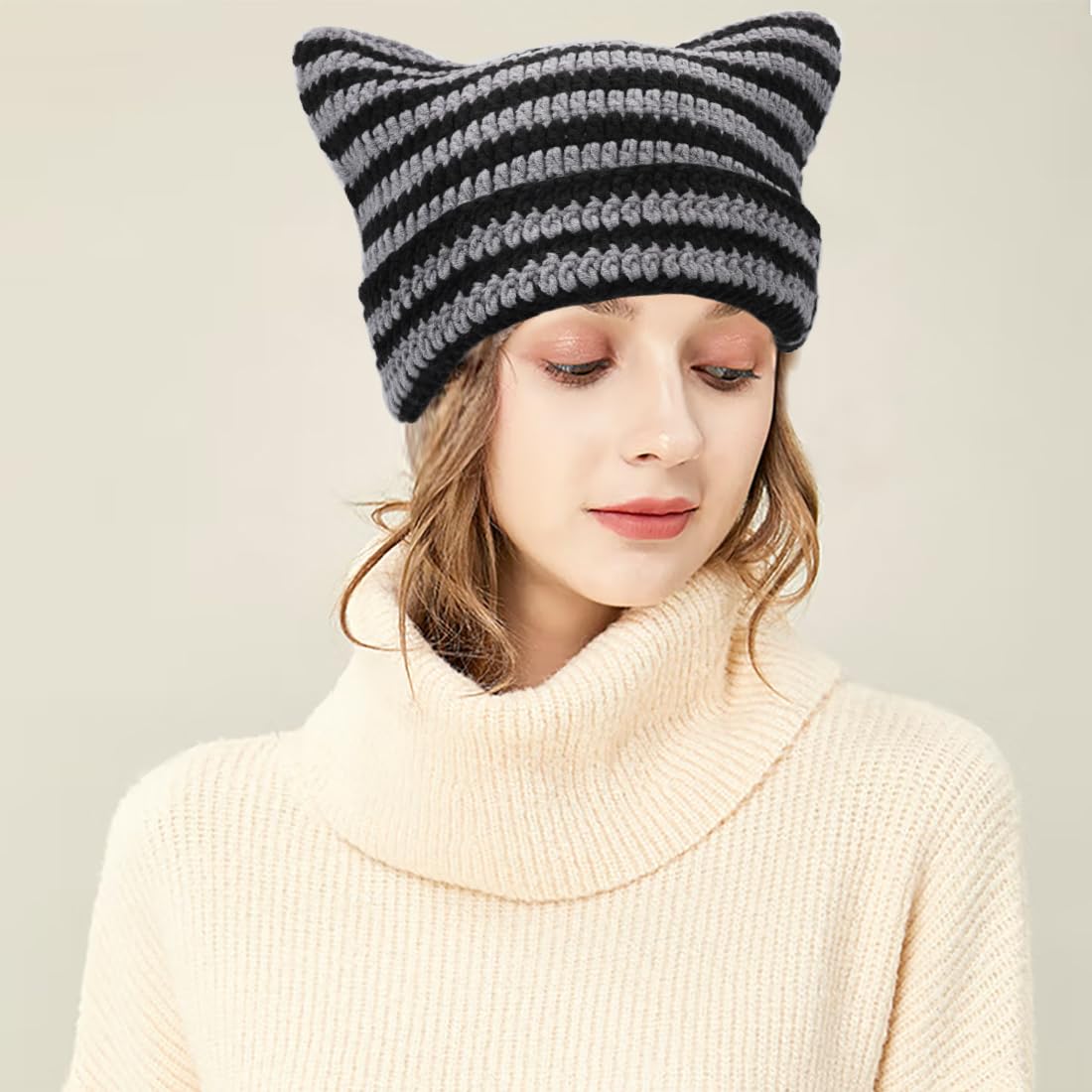 XYIYI Black Grey Crochet Hats for Women Cat Ear Knit Hat Vintage Beanie Grunge Accessories Slouchy Beanies for Womens