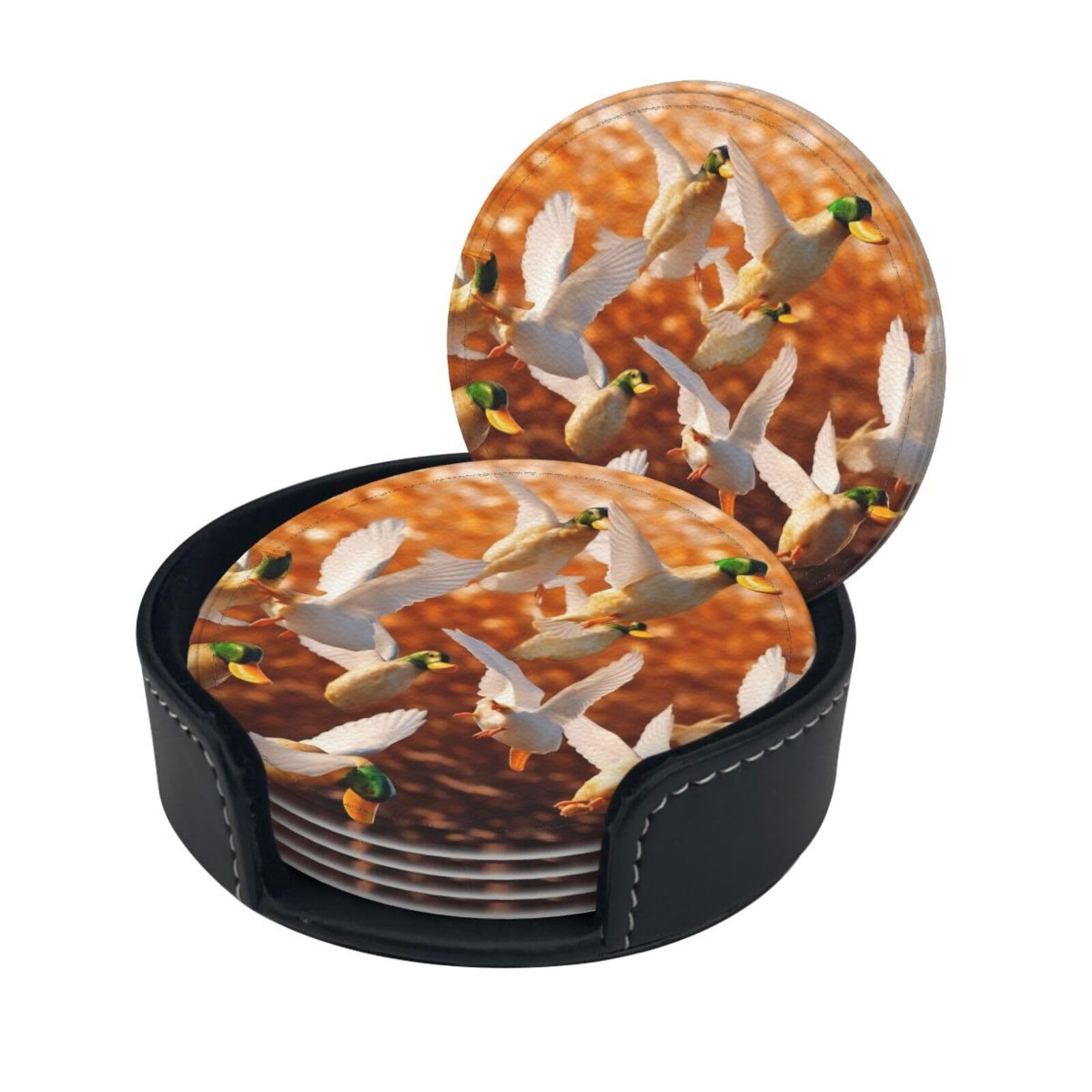 Stylish Coasters - Mallard Ducks Set of 6 Round Leather Drink Coasters with Holder - Perfect Size for Cups and Glasses