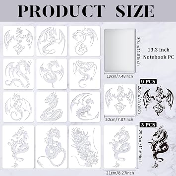 FINGERINSPIRE 12 Pcs Dragon Stencils Drawing Painting Templates Sets Plastic Flying Dragon Drawing Painting Stencils Dragon Template Sets for Painting on Wood, Floor, Wall and Tile