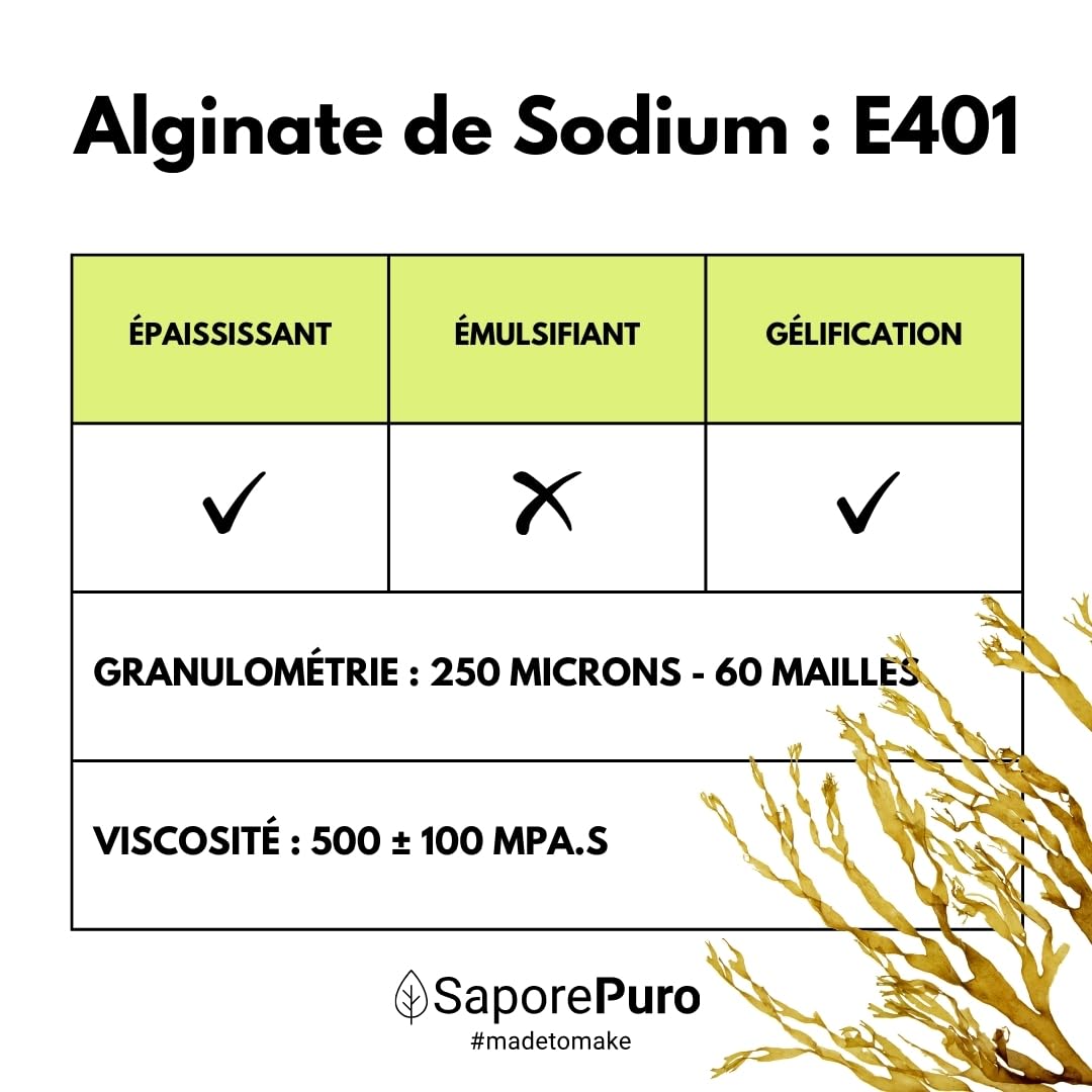 SaporePuro Alginate de Sodium en poudre 500 g – Épaississant, Gélifiant et Stabilisant Alimentaire – Idéal pour la Cuisine Moléculaire – Sans Gluten