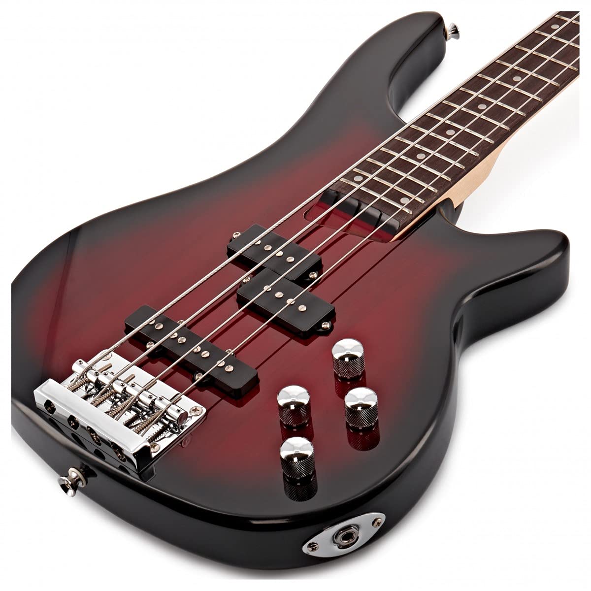 Gear4music Chicago Basso Elettrico per Principianti con Amplificatore Rosso | Corpo ergonomico leggero a larghi cutaway, pickup single e split coil, ampli 15W con EQ 3 bande