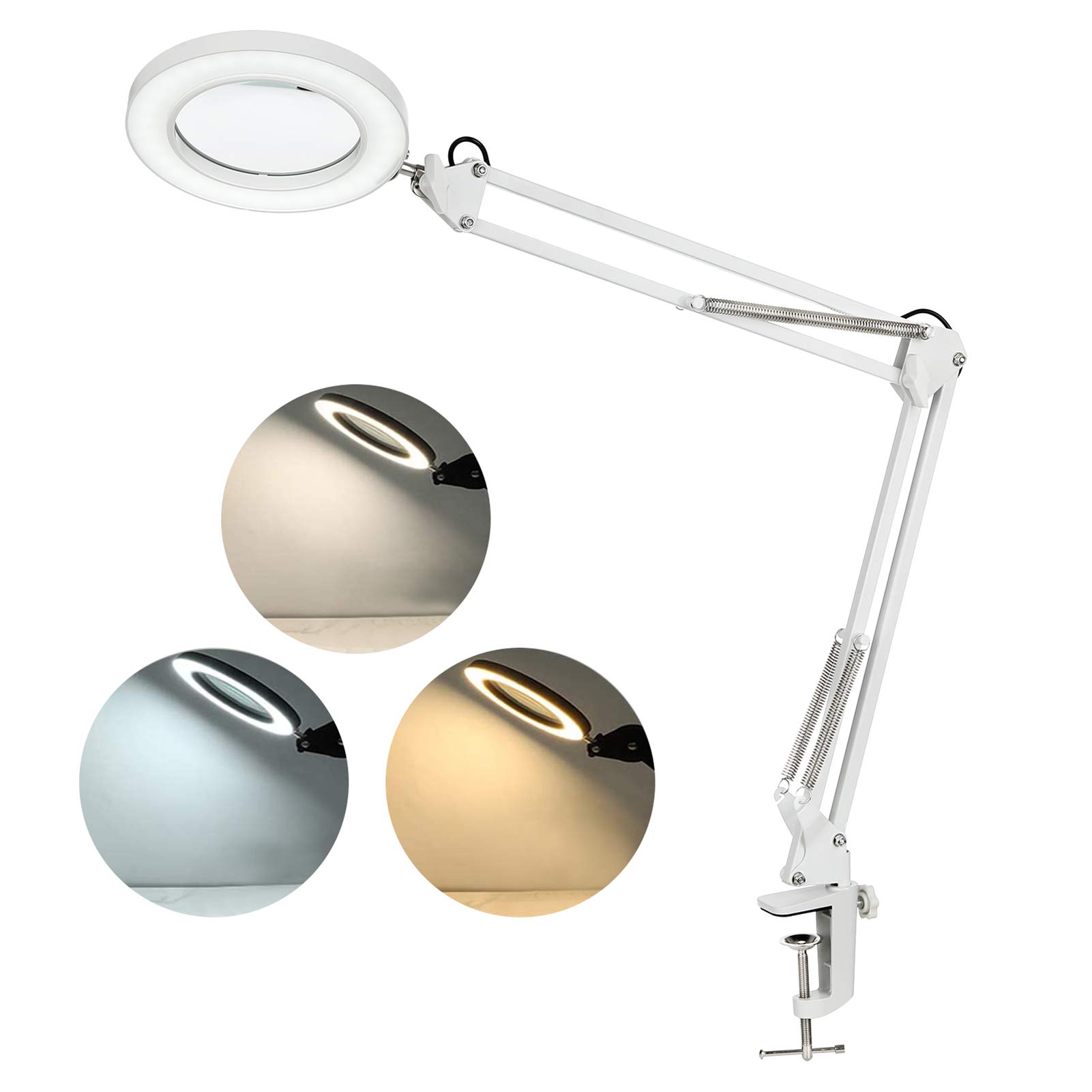 Neoglint Lámpara de mesa,Lámpara de aumento LED 8X con Luz,Lámparas de lupa 2 en 1 con 10 Ajustes Bright,Lupa con brazo giratorio ajustable y abrazadera iluminadas alimentada por USB (Blanco)