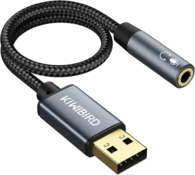 KiwiBird USB to 3.5mm Jack Audio Adapter, USB to Headphone and Microphone Jack, Gaming Headset USB Aux Adapter, TRRS 4-pole, Stereo Sound Card with DAC Compatible with MacBook, Surface, PS4, Laptop