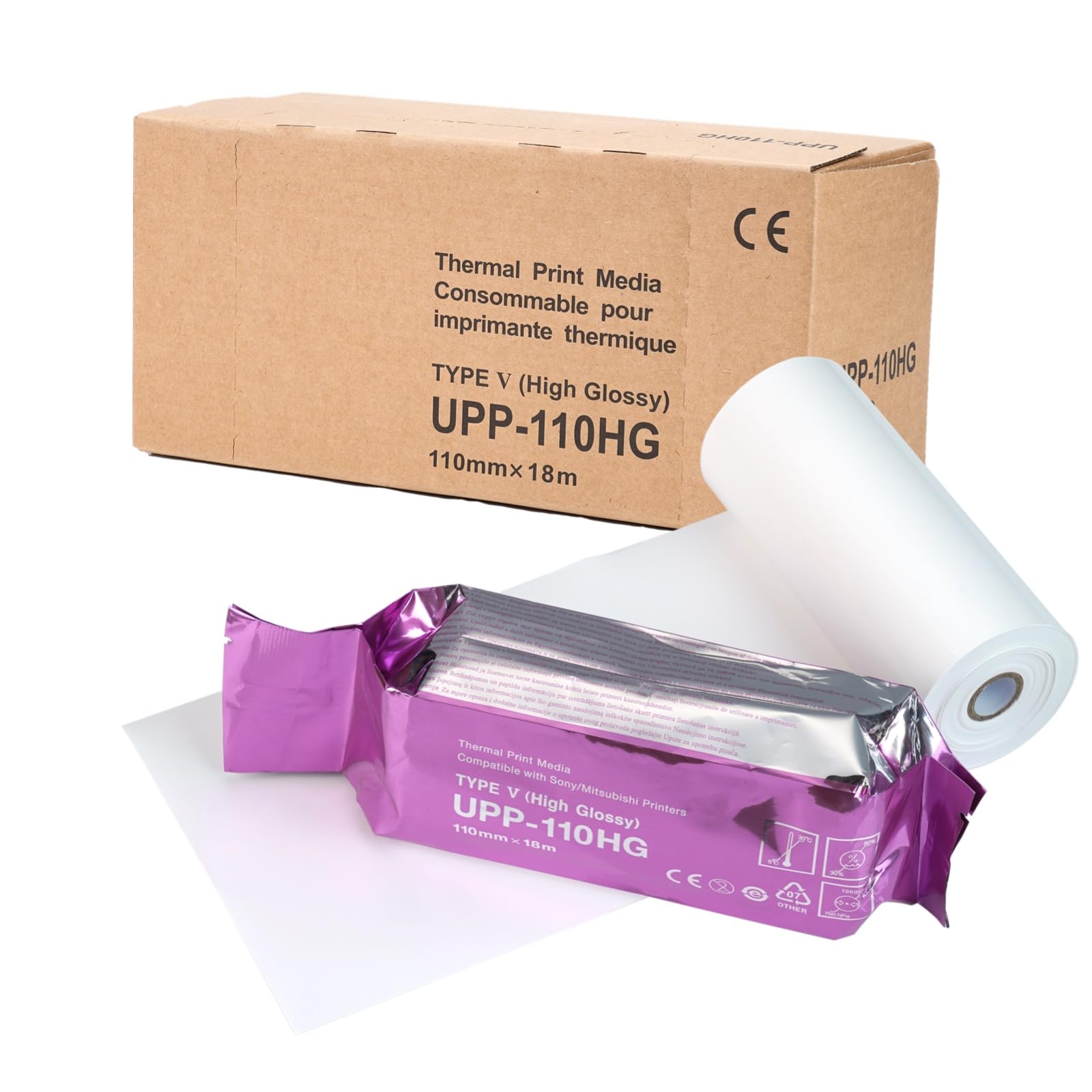 10 rouleaux (110 mm x 18 m) de papier à ultrasons UPP-110HG, film à ultrasons haute brillance, support d'impression thermique pour imprimantes noir et blanc, compatible Sony