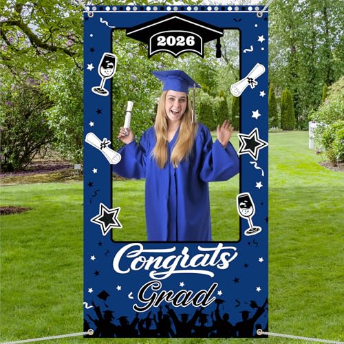 Graduation Decorations Class of 2026 Graduation Party Photo Booth Prop Congrats Grad Background 2026 Blue and Black Grad Party Decor for High School College Grad