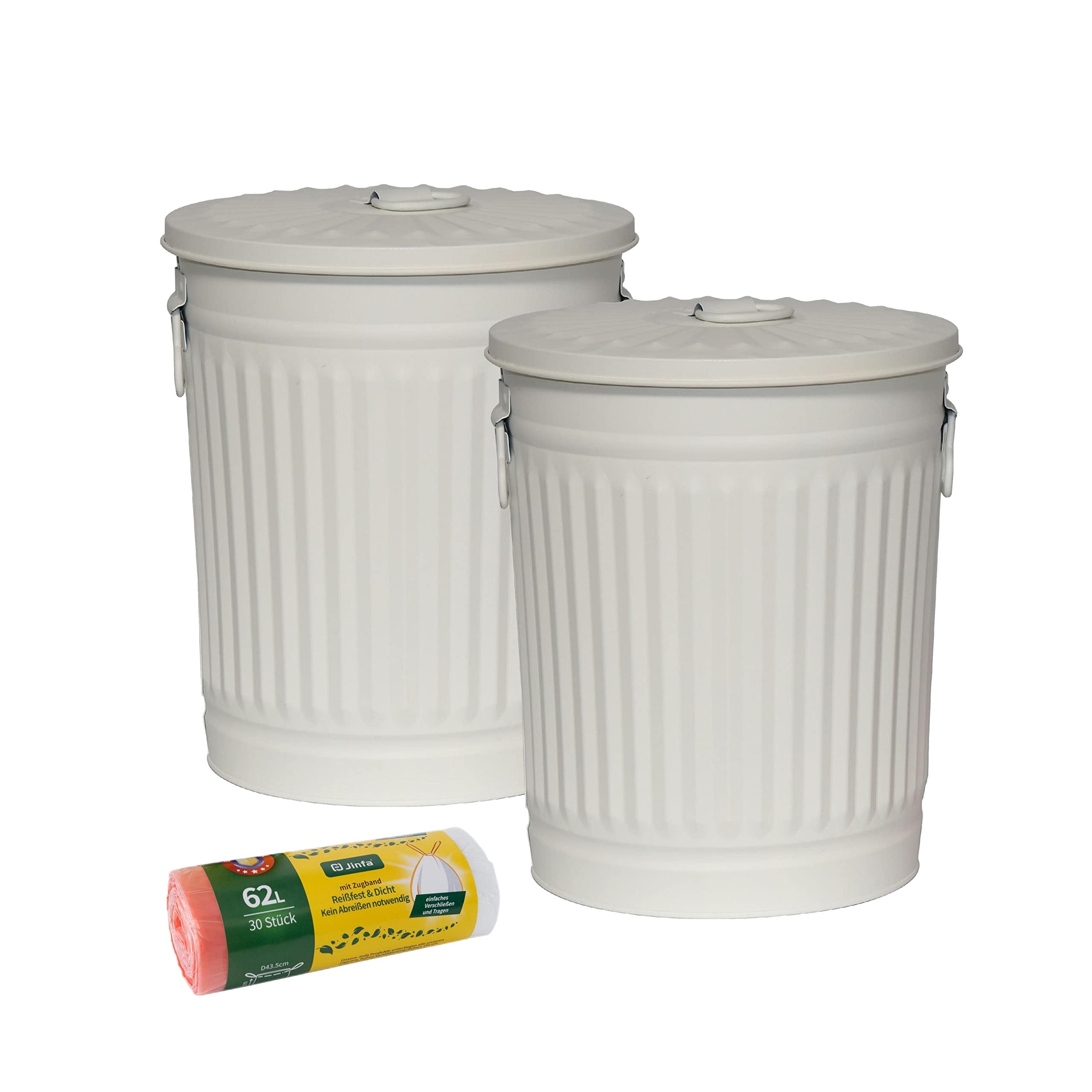 2er-Set Retrodesign Mülleimer mit Griffen und Deckel + 30 Müllbeutel | Cremeweiß | 62L
