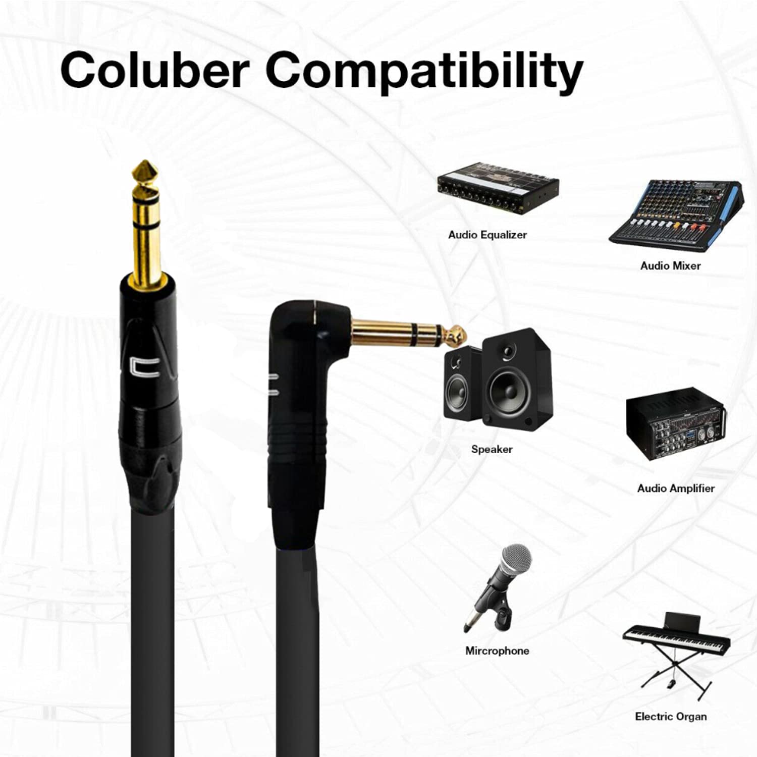 COLUBER CABLE 1/4" TRS Male to Right Angle 1/4" TRS - 15 Feet - White - Pro 3-Pin Microphone Connector for Powered Speakers, Audio Interface or Mixer for Live Performance & Recording
