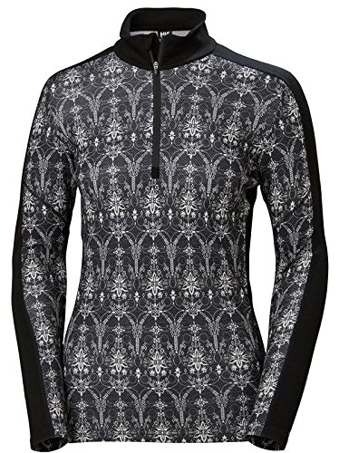 Helly Hansen Women's HH LIFA Merino Wool Graphic Print 1/2 Zip 2-Layer Long-Sleeve Thermal Baselayer Top, 990 Black / Frost Print, Small