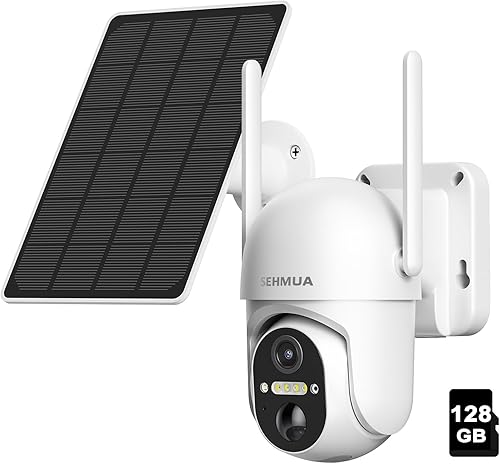 SEHMUA Cámara para exteriores inalámbrica con tarjeta SD de 128 GB, vista de 2K 360  con batería de seguridad solar WiFi seguridad para el hogar con