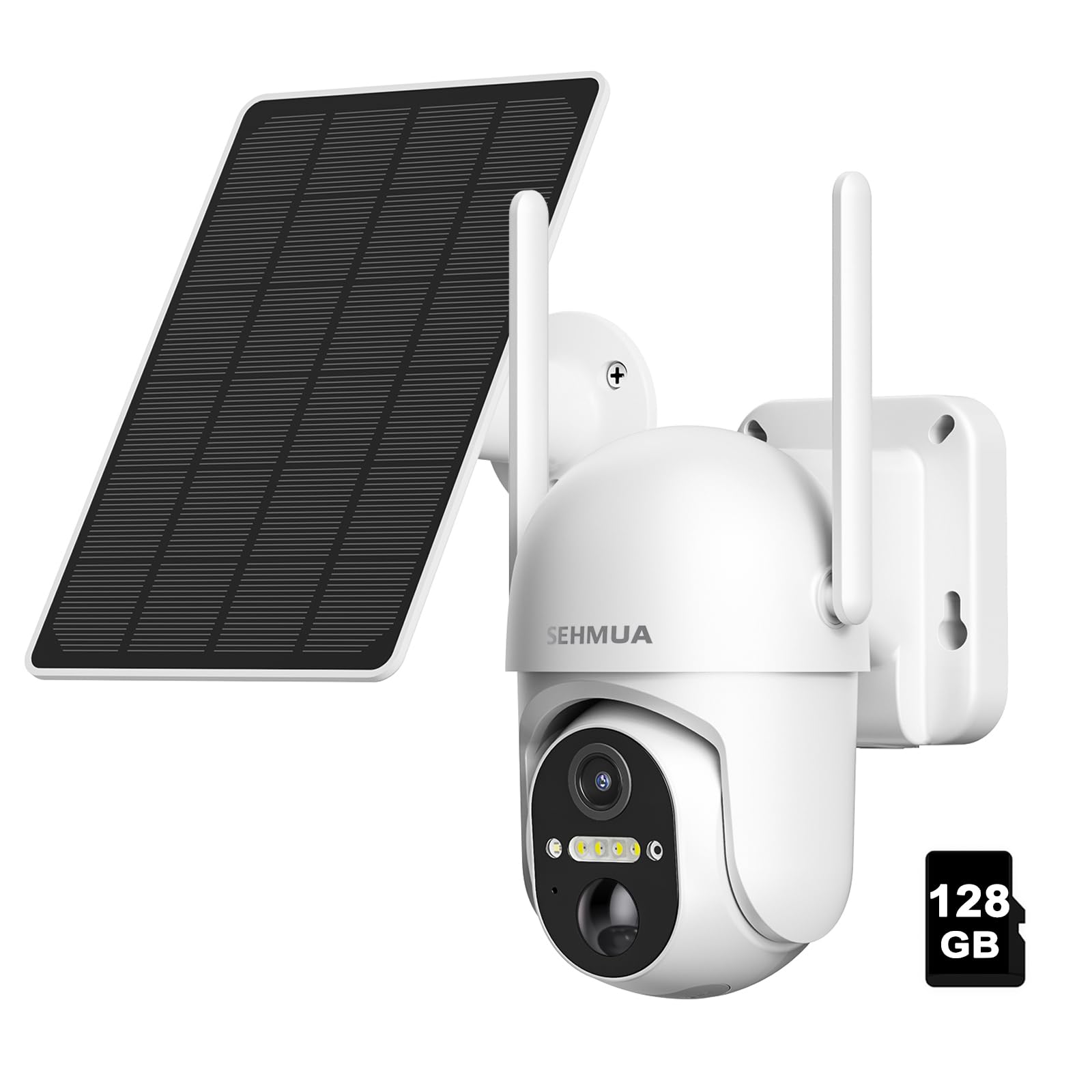 SEHMUAOutdoor Camera Wireless with 128GB Memory Card, 2K 360° View Battery Powered Solar Security Camera WiFi Home Security with Spotlight Color Night Vision, PIR Sensor
