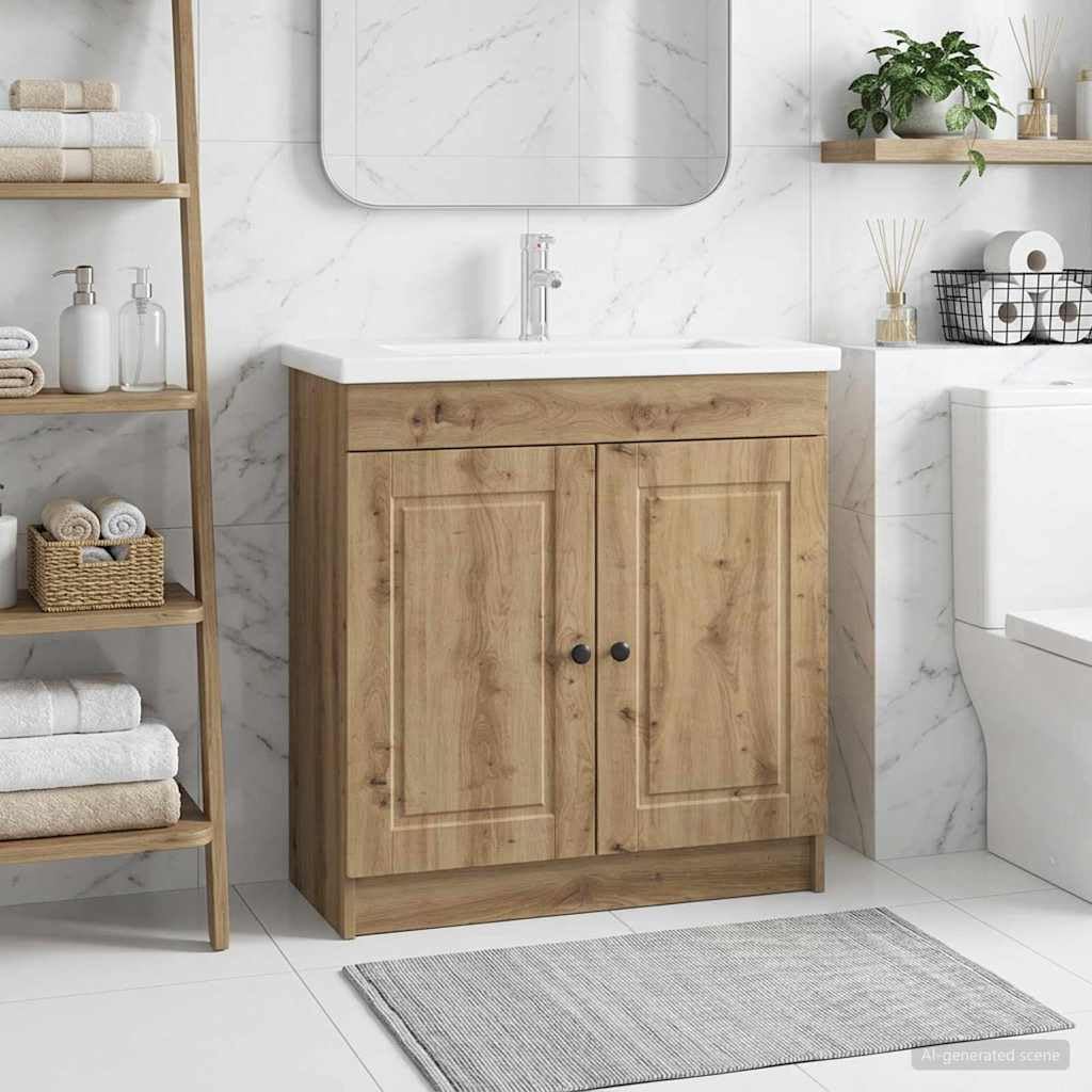 Mobile sottolavabo in rovere Artisan, 56 x 37,5 x 81 cm, in legno, con ante a pendente, maniglie a bottoni, nero, 1 set per bagno