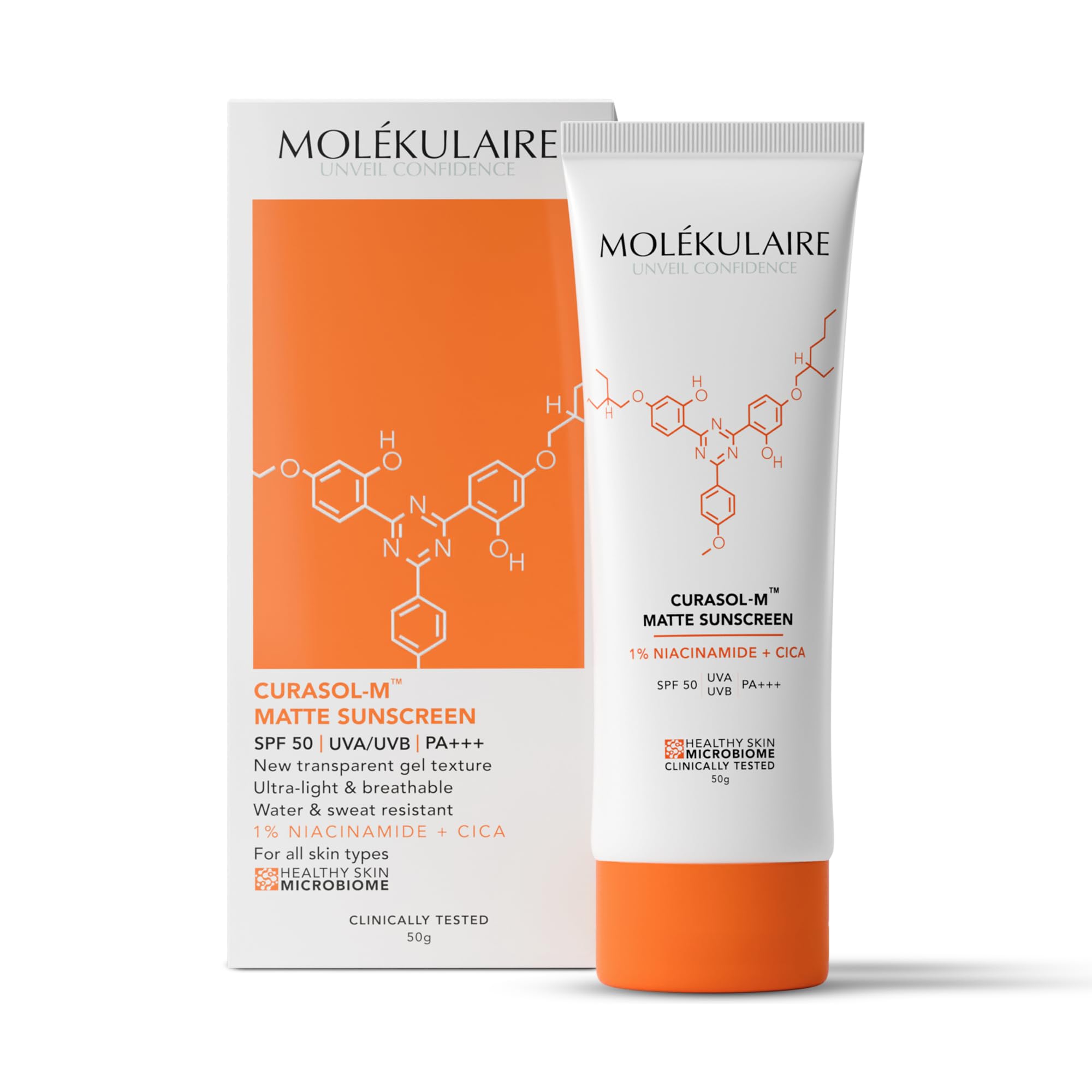 Molekulaire Curasol-M Matte Sunscreen with SPF 50 PA+++ | 1% Niacinamide and CICA | No White Cast | Transparent Gel Texture with Matte Finish | 98% Sun Protection | Broad Spectrum UVA/UVB Protection