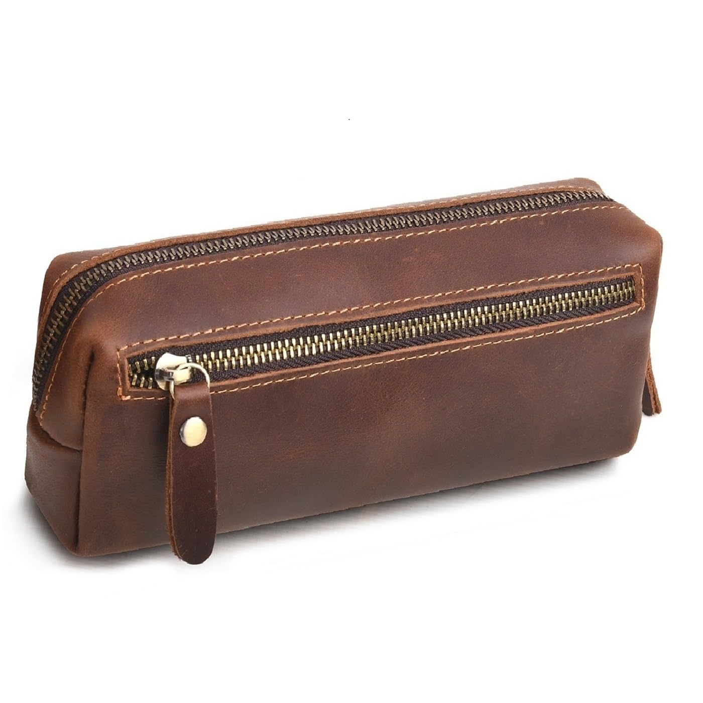 WONDERPOOL Pen Case Real Leather Pencil Pouch Markers Holder Big Capacity Bag with Side Zippered Pocket for Stationery Tool