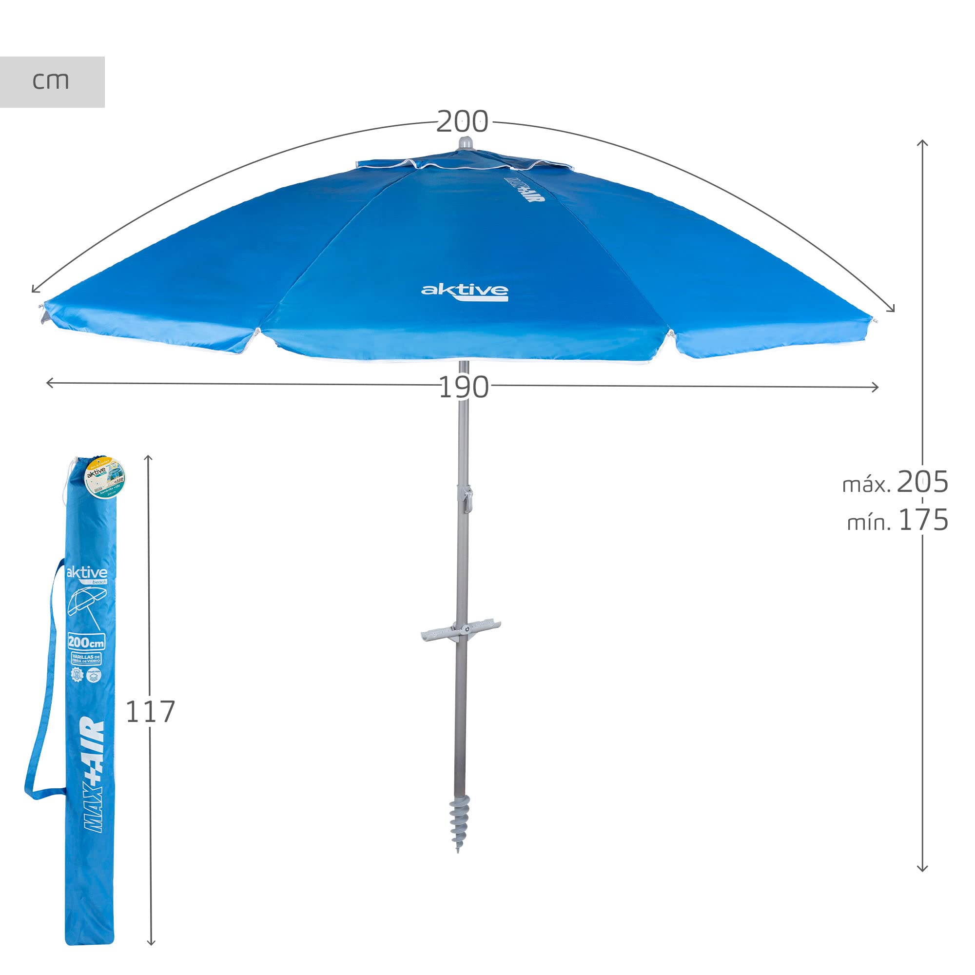Aktive 62273 - Sombrilla playa antiviento plegable azul Ø190 cm, Con revestimiento plateado y protección UV 50, paravientos playa, sombrilla parasol grande, para-sol playa, sombrillas para playa
