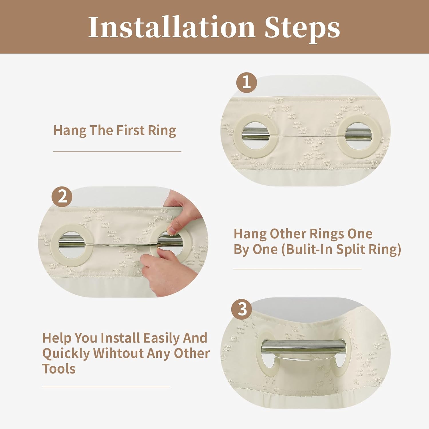 Cream No Hook Shower Curtain and Fabric Liner Set, Boho Tufted Chevron Striped and Shabby Chic Textured Shower Curtain with a See-Through Top Window, Hotel Décor, 54" W x 80" H