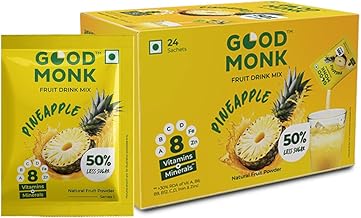 Good Monk Fruit Drink Mix (Natural Pineapple Powder), 50% Less Sugar with 8 Vitamins & Minerals (Vitamin B12, C, D, Iron & more) | Tasty & Healthy Drink Mix for Hydration, Energy, Immunity, 24 Sachets